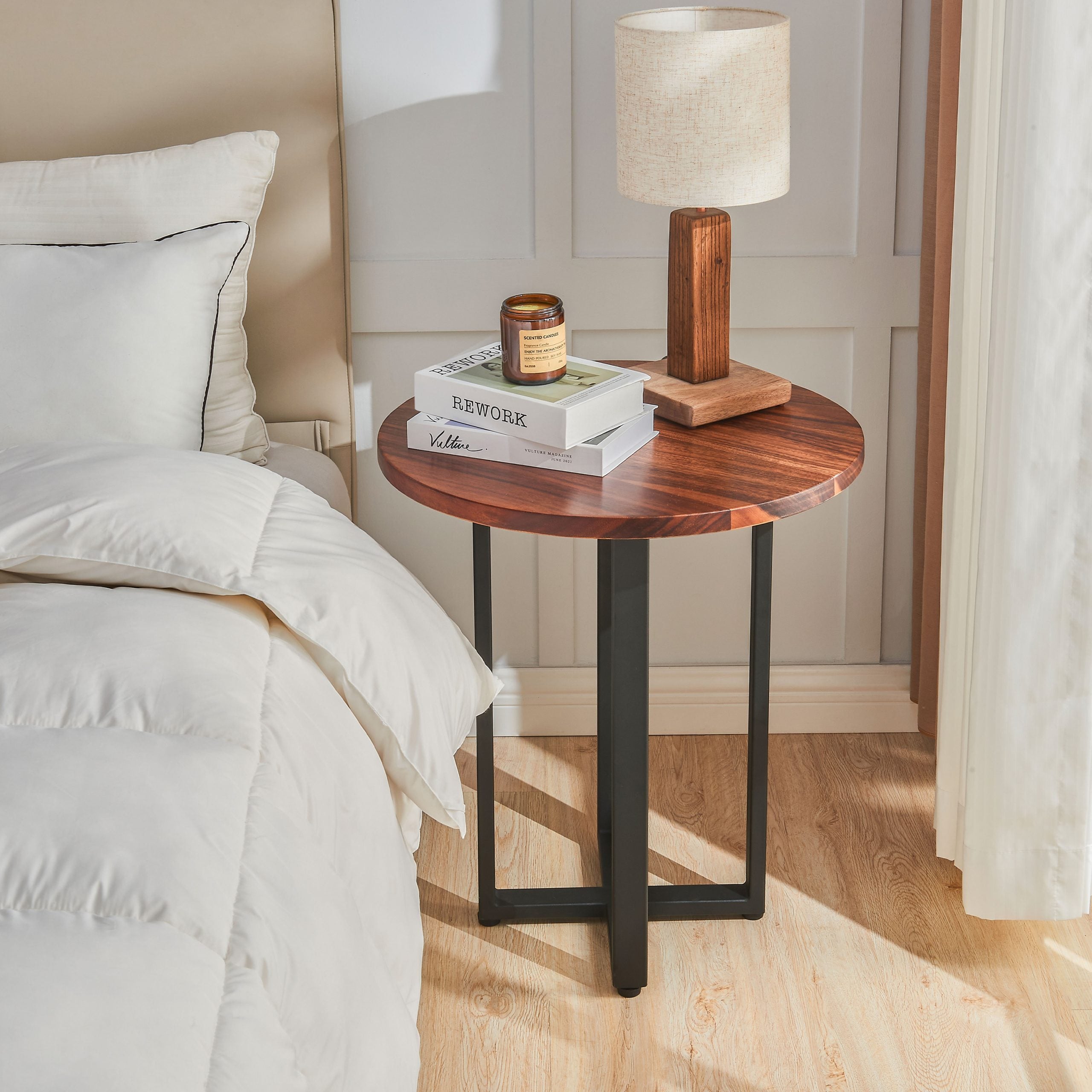 EarthyGrain Round End Table - Solid Walnut & Steel Side Table