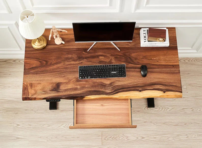 EarthyGrain Motorized Adjustable Standing Desk - White Frame & Live Edge Walnut