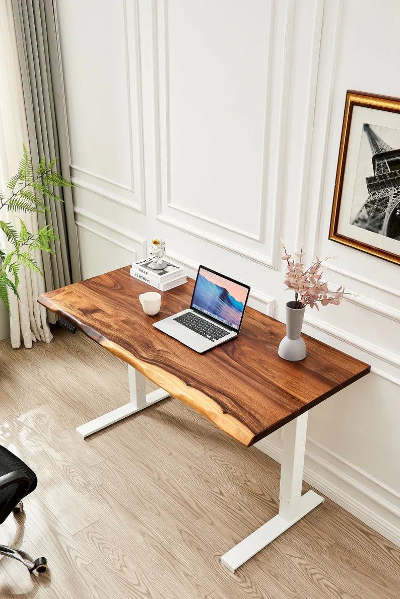 EarthyGrain Motorized Adjustable Standing Desk - White Frame & Live Edge Walnut