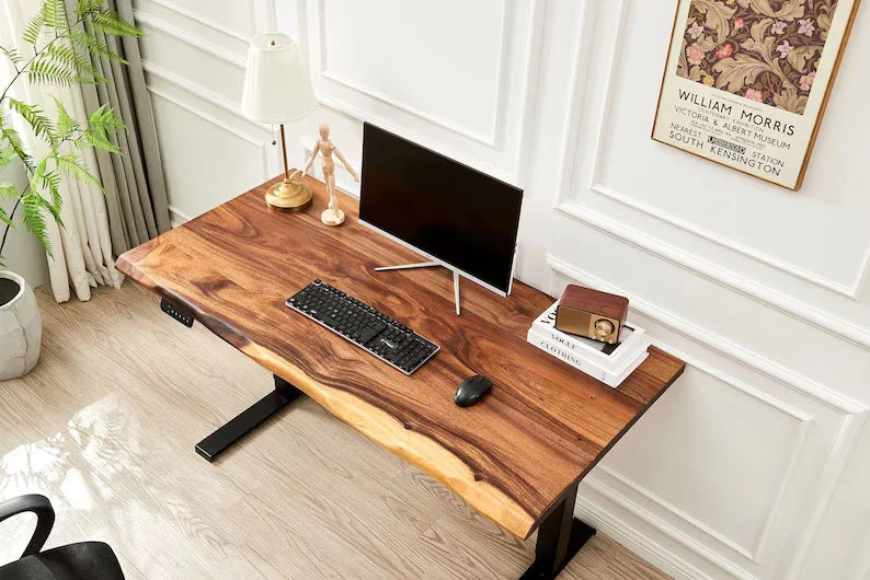 EarthyGrain Motorized Adjustable Standing Desk - Black Frame & Live Edge Walnut