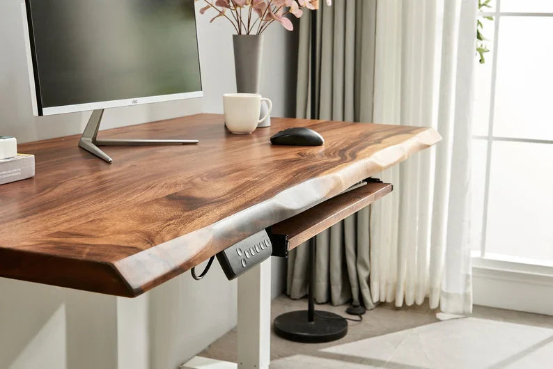 EarthyGrain Motorized Adjustable Standing Desk - White Frame & Live Edge Walnut