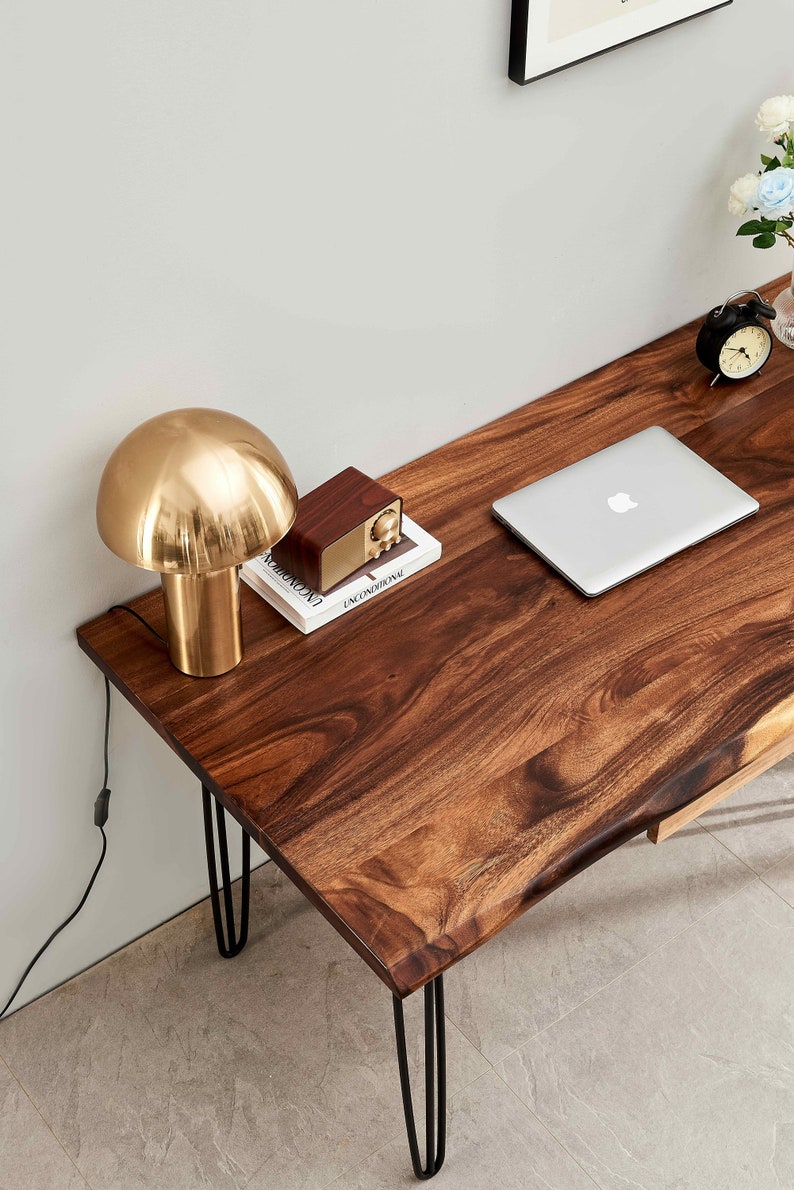 EarthyGrain Live Edge Desk with Hairpin Legs - Mid-Century Modern Workspace