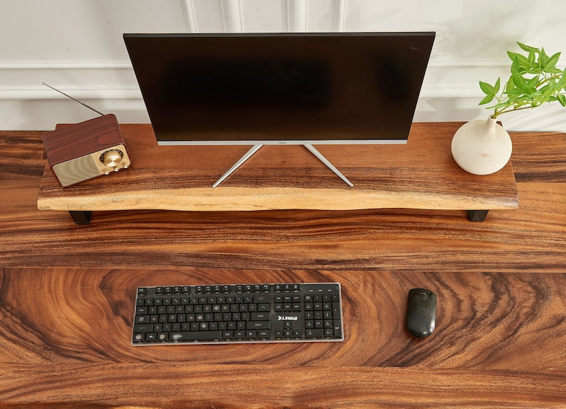 EarthyGrain Ergonomic Live Edge Monitor Stand - Solid Walnut Desk Organizer