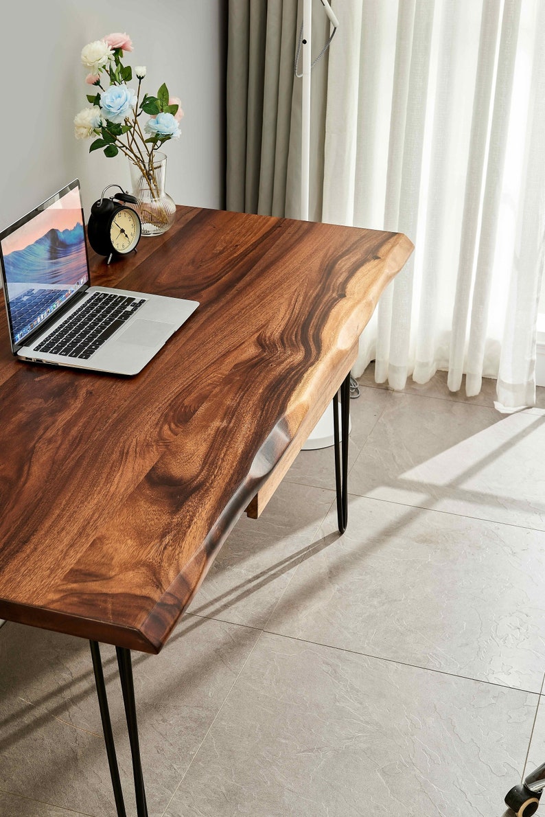 EarthyGrain Live Edge Desk with Hairpin Legs - Mid-Century Modern Workspace