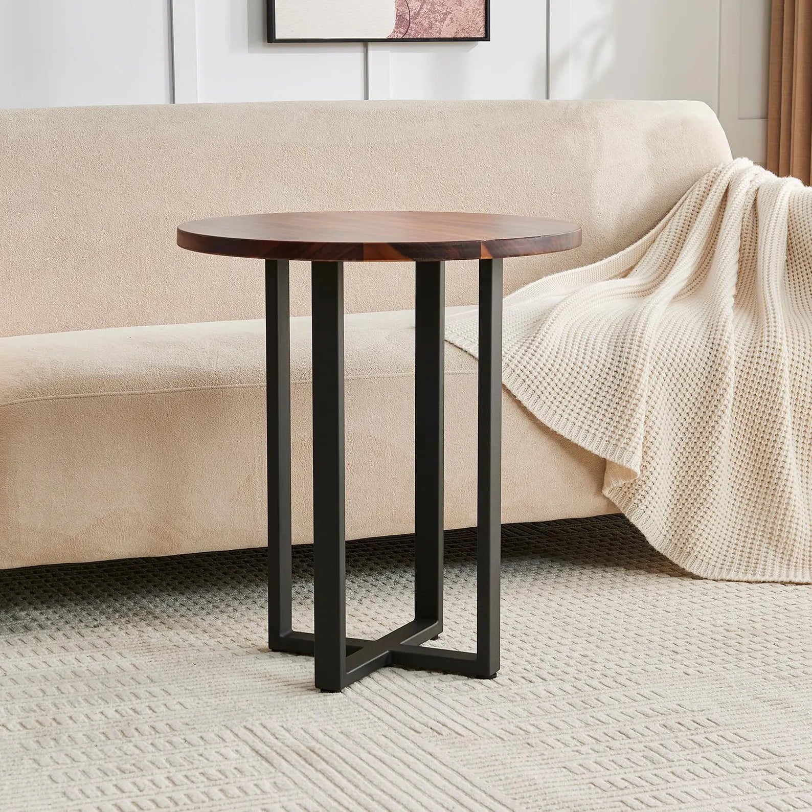EarthyGrain Round End Table - Solid Walnut & Steel Side Table